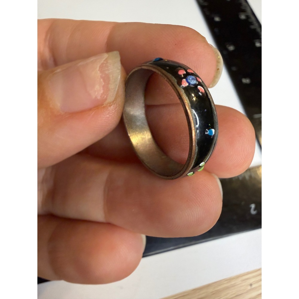 Vintage Black Enamel Floral Band Ring Colorful Flower Dot Design Size 9